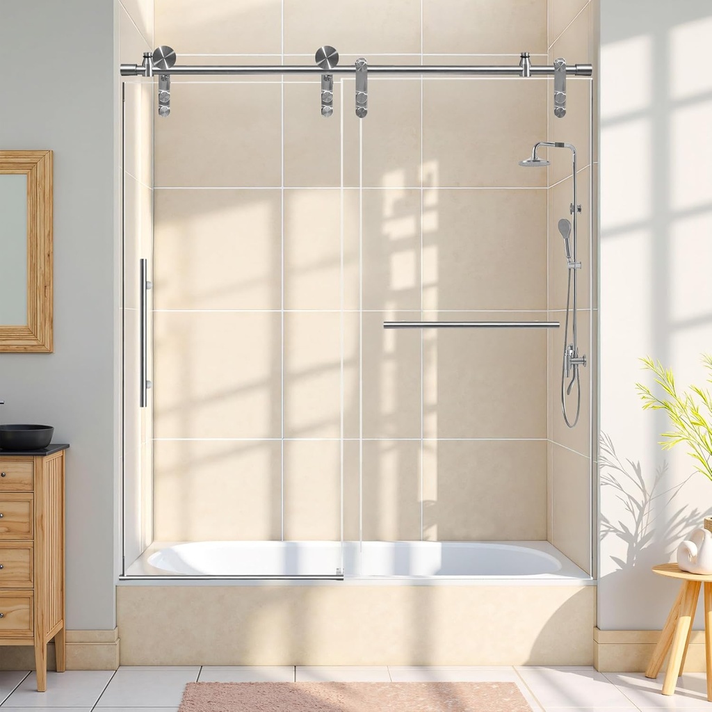 Shower Door 56-60" W x 66" H, Single Sliding Shower Glass Door, Frameless Shower Door with 5/16" (8mm) Thick Tempered Glass, Towel Rail and Auxiliary Handle, Brushed Nickel
