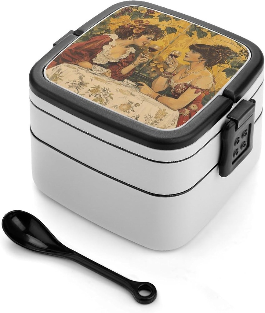 Candy And Tea Bento Box Adult Lunch Box All-in-One Lunch Containers with Removable Compartments Double Layer Bento Lunch Box with Spoon And Handle Stackable Lunchbox