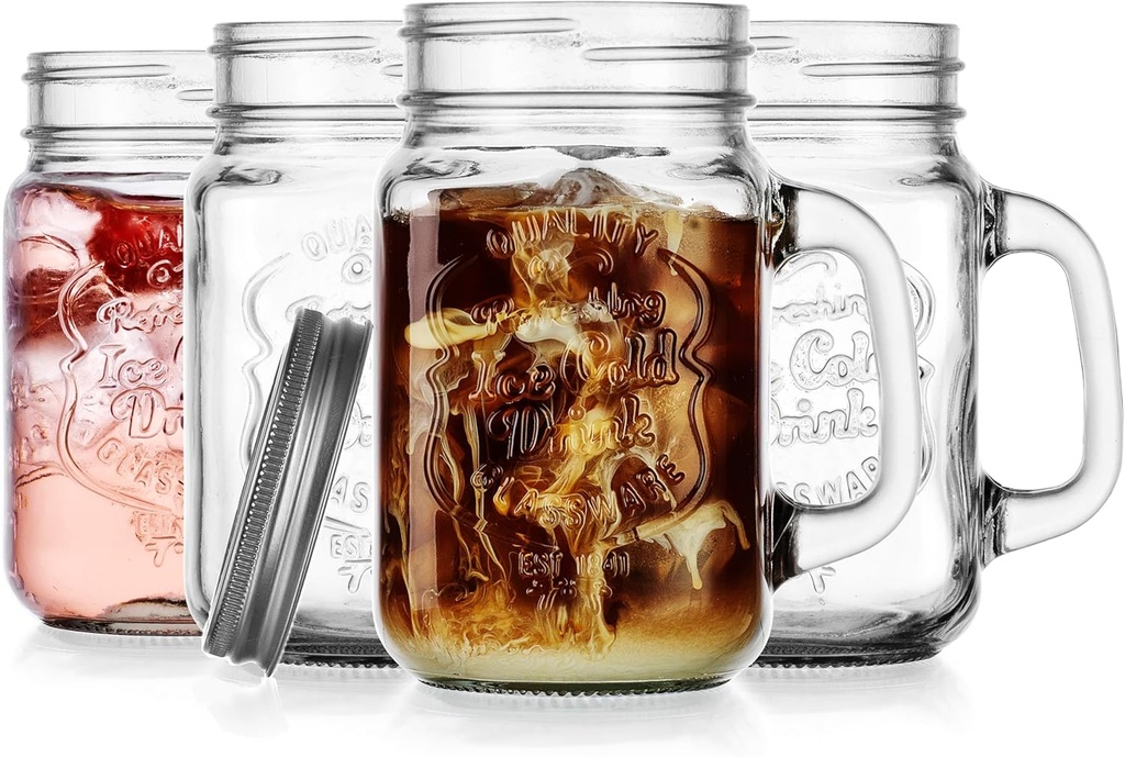 Glaver's Mason Drinking Jars – Set of 4, 15.25 Oz Clear Glass Jar with Handle and Lid. – Ice-Cold Drink Glassware Logo – Glass Mugs Ideal for Cold Beverages, Juice, Smoothie, Cocktails.