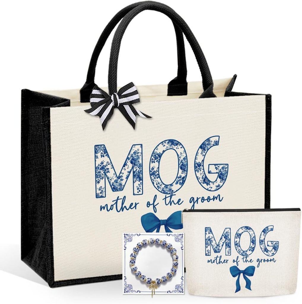 KongMoTree 3 Pcs Bride Wedding Tote Bag with Makeup Bag and Bracelets, Tote Bags with Floral for Wedding Party