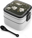 White Flowers Spring Bento Box Adult Lunch Box All-in-One Lunch Containers with Removable Compartments Double Layer Bento Lunch Box with Spoon And Handle Stackable Lunchbox
