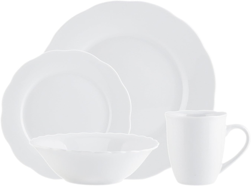 Godinger Dinnerware Set, 4 Dinner Plates, 4 Salad/Dessert Plates, 4 Soup Bowls, 4 Coffee Mugs, 16 Piece Set, Inglwnook White