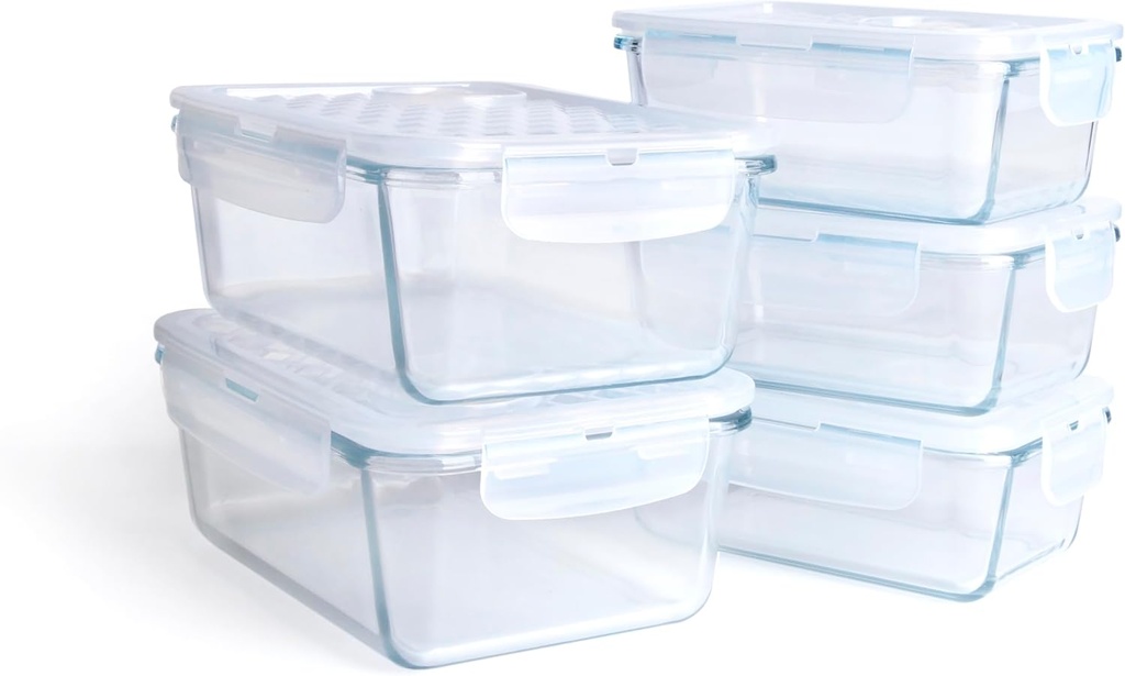 Borosilicate Tempered Glass Food Storage Containers with Lids, [5 Pack] Airtight Lunch Containers. Microwave, Oven, Freezer and Dishwasher Safe.
