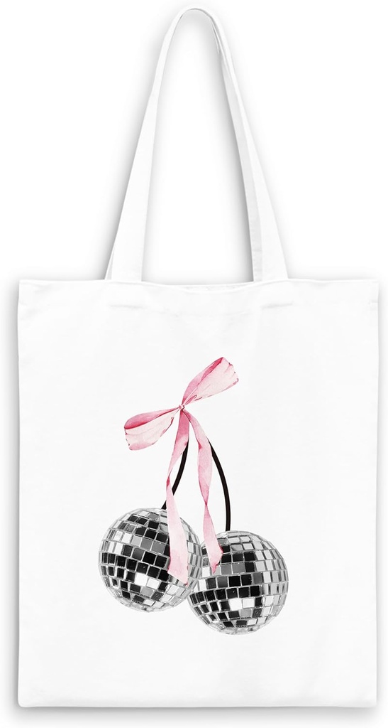 Pink Trendy Coquette Bow Cherry Disco Ball Tote Bag,Preppy Trendy Gifts for Women,Reusable Grocery Shopping Bags