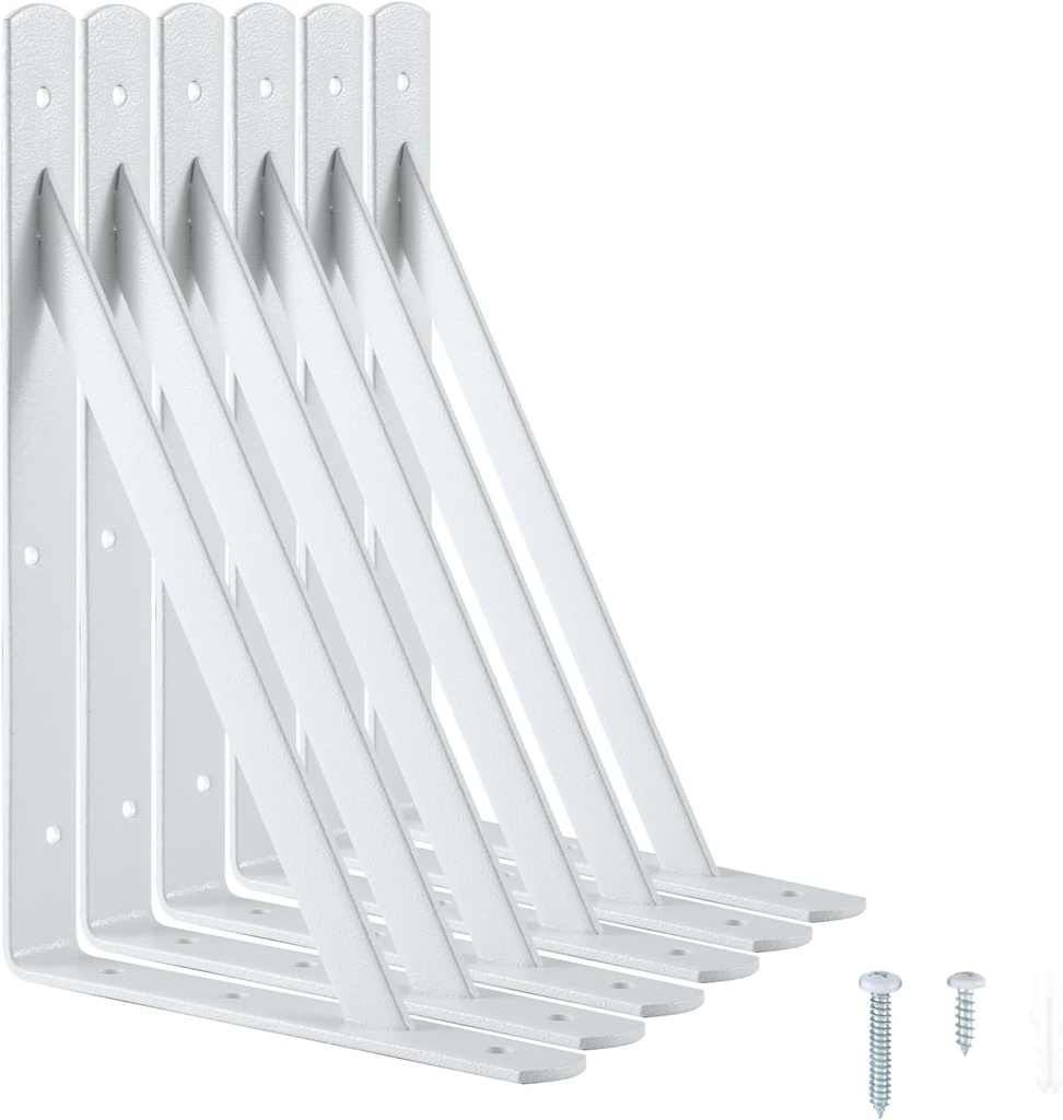 Heavy Duty Shelf Brackets 12 x 8 inches, Metal Shelves Supports, Load Capacity: 600 lb, 90 Degree Wall Mounted Angle L Floating Shelf Bracket with Screws,White 6 Pack HOME MASTER HARDWARE