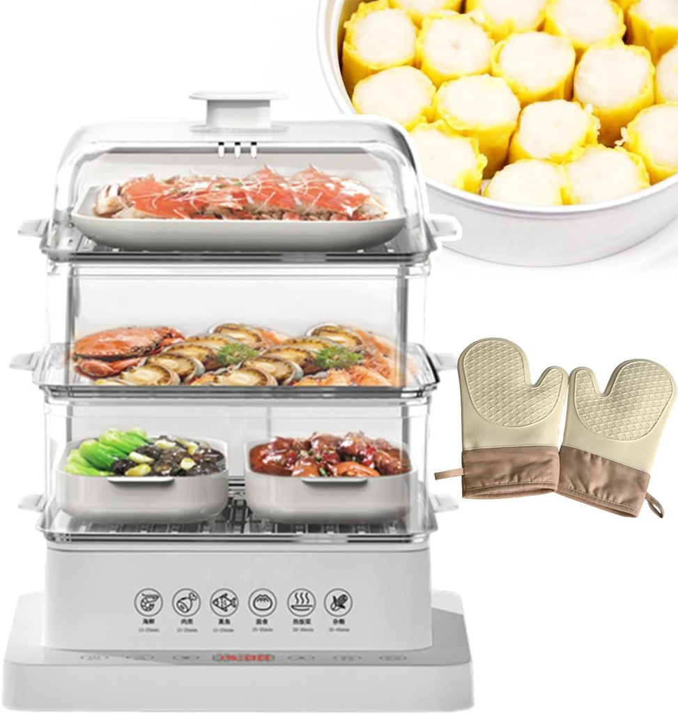 Food Steamer Electric,Electric Food Steamer Cookware,40l,360° 3D Surround Heating,6 Preset Modes,Foldable,with 3 Stainless Steel Steaming Plates,A Pair of Heat Insulating Gloves