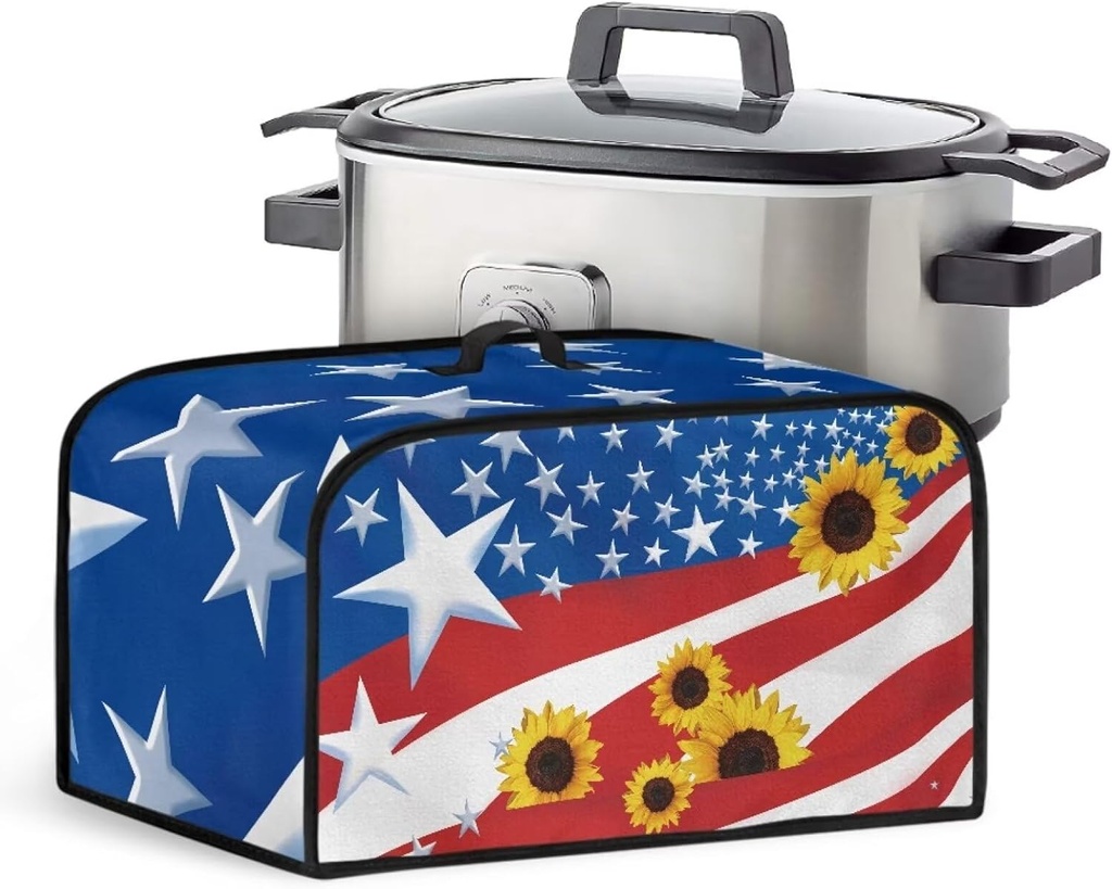 American Flag Sunflower Slow Cooker Cover with Pocket for Family Gathering Potluck Easy to Install Washable Anti-fingerprint Dustproof Appliance Cover Universal Fit