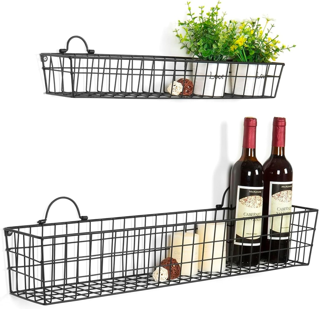 MyGift 2pcs 30-Inch Wire Baskets for Storage and Organization, Rustic Black Wall Mounted Metal Display Racks