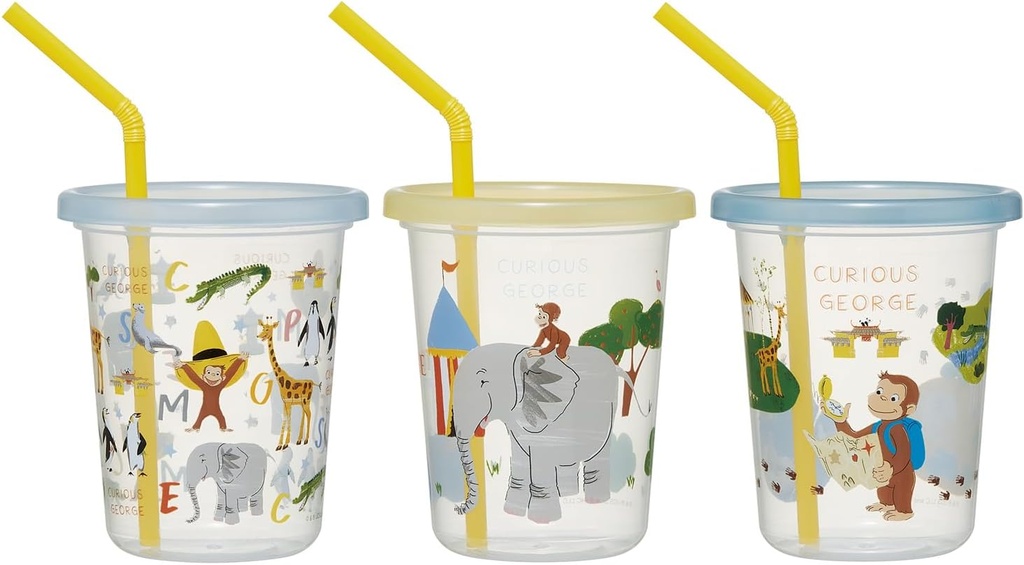 Skater SIH3ST Tumbler with Straw, 11.8 fl oz (320 ml), Set of 3, Made in Japan, Curious George, Made in Japan