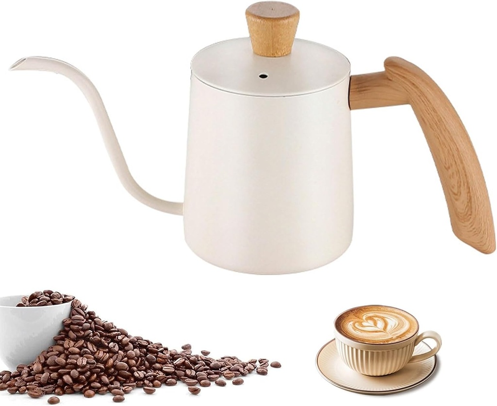 Pour Over Coffee Kettle Gooseneck Tea Pot 304 Stainless Steel Hand Coffee Maker Kettle-Barista Pour Control Design,Wood Handle and Long Narrow Spout Camping Kettle(Color: white,Size:12oz)