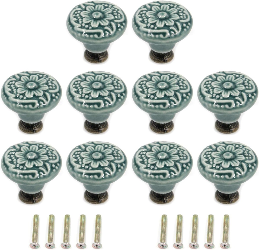 Geesatis 10 pcs Decorative Knob Ceramic knobs Drawer Cabinet Pull Handle Knobs Furniture Decorative Pull Tool with Mounting Screws, Green, 1.4 inch Diameter