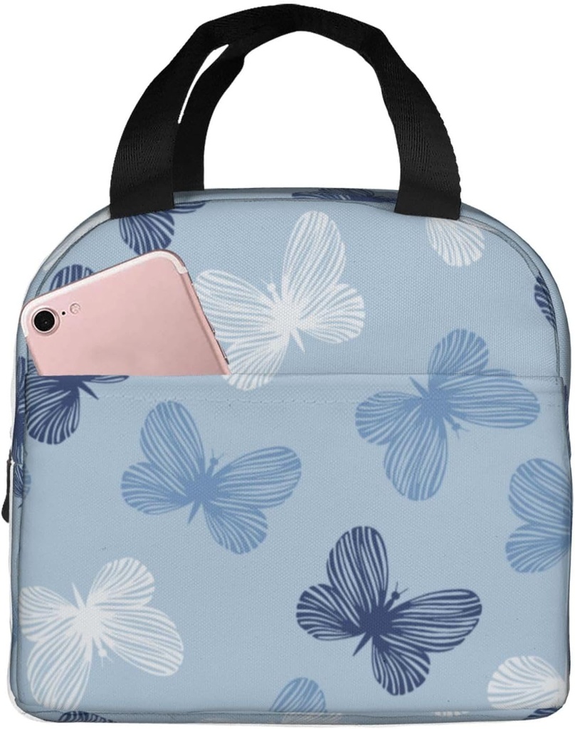 Miaoquhe Butterfly Insulated Lunch Bag for Women Men Blue Butterfly Print Lunch Box Leakproof Thermal Cooler Sack Food Handbags Reusable Tote Bag with Pocket for Work Office Travel School Picnic