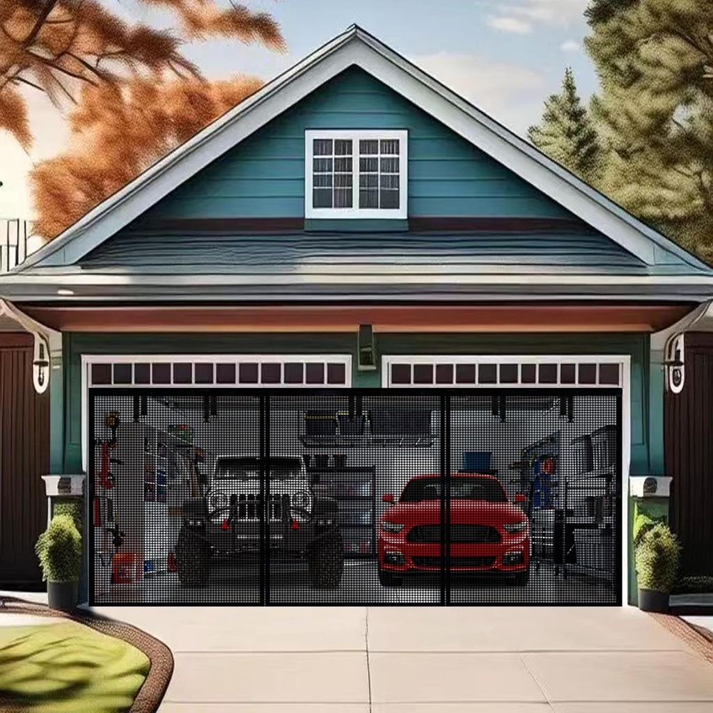 Premium Garage Door Screen for 2 Car Garage 20x8ft, Heavy Duty Durable Fiberglass Screen Mesh with Hook & Loop Tapes, Strips, Doors Screen with Powerful Magnets, Easy to Install (20x8 Black)