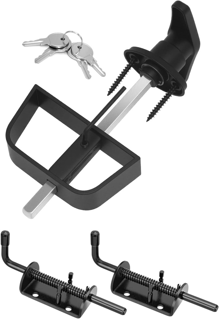 Shed Door T-Handle Lock Latch Kit 5-1/2" Stem 4 Keys, 6in Spring Loaded Gate Pin Bolt Latch, Shed Barn Coop Storage Door T-Lock Set - 1 Lock+2 Latch