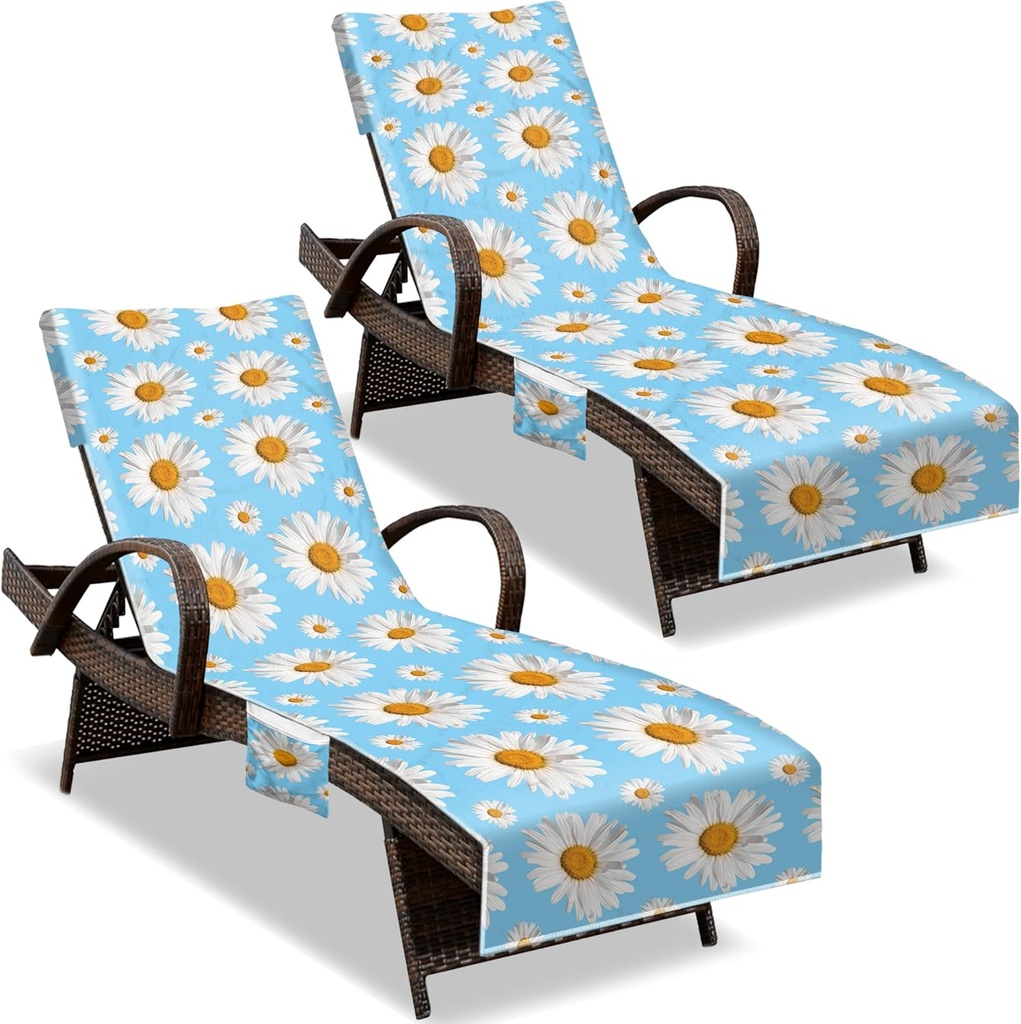 Lounge Chair Towel Cover, (Pack of 2), Beach Chair Cover with Pockets, Pool Chair Covers for Outdoor Beach Furniture Sun Lounger, No Sliding, 85 X 30 in, Daisy Light Blue White