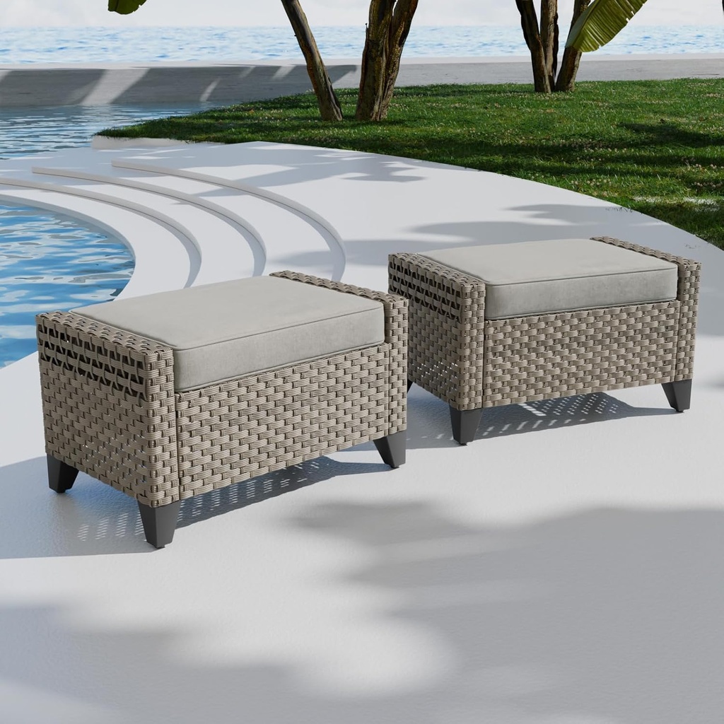 COOS BAY Modern 2 Piece Wicker Outdoor Ottomans, 2pc Patio Ottoman Foot Rest for Couch with Removable Cushions for Patio, Deck, Backyard, Porch and Poolside, Brown/Gray