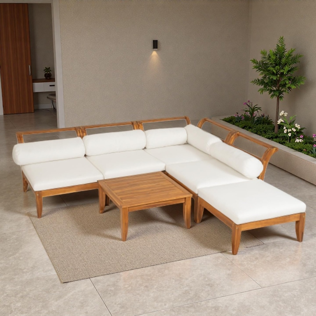 Outdoor Sectional Couch 6 Pieces Patio Sectional Sofa with Tea Table, Ottoman, 5 Cushions and Pillows, All-Weather L-Shaped Sofa Set for Patio, Teak+Beige