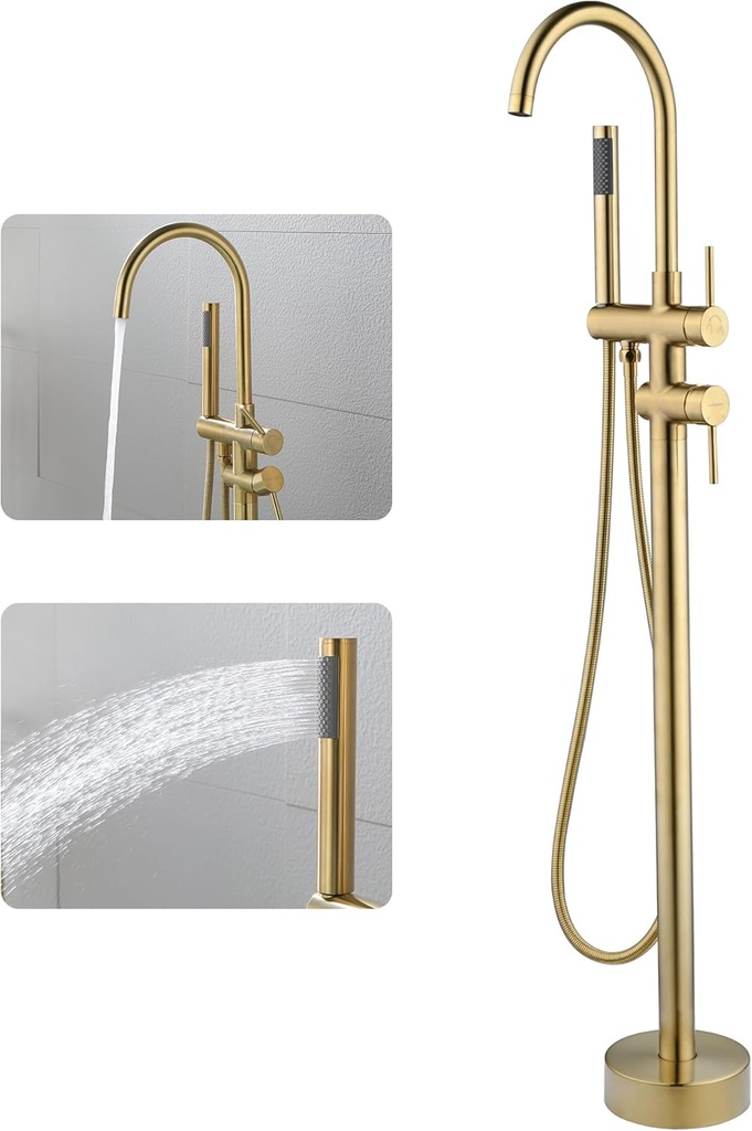 Freestanding Bathtub Faucet with Hand Shower Brushed Gold Tub Filler 360° Swivel Spout 2 Handle Floor Mount Bath Tub Faucet with Sprayer High Flow Clean Hair/ Child/Pet/floor/Toilet/Tub-Huifeidezhu