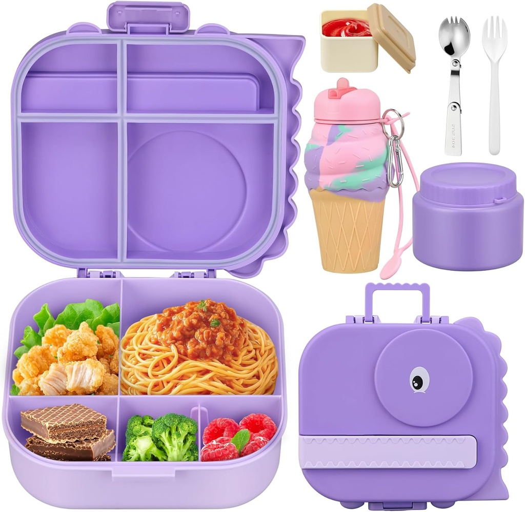 Lunch Box with 13oz Soup Thermo for Hot Food Kids Insulated Food Jar Container with Silicone Water Cup and Spoon & Fork Leak Proof Bento Box Set with 5 Compartment for School Travel