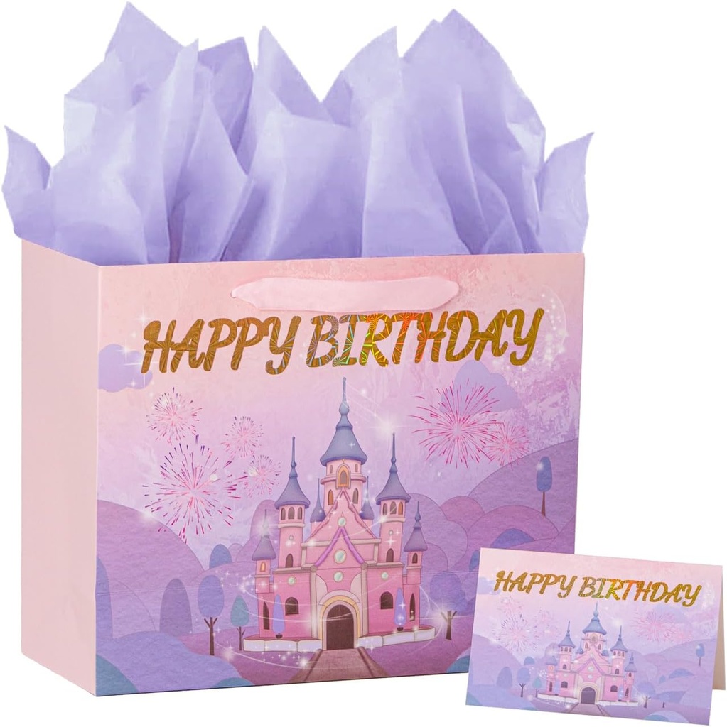 PrintGuru 13” Large Happy Birthday Gift Bag with Tissue Paper, Greeting Card and Ribbon Handles for Women Girls Kids Birthday, 13”W x 10.2” H x 4.9” D (Princess Castle, Pink and Purple, Pack 1)