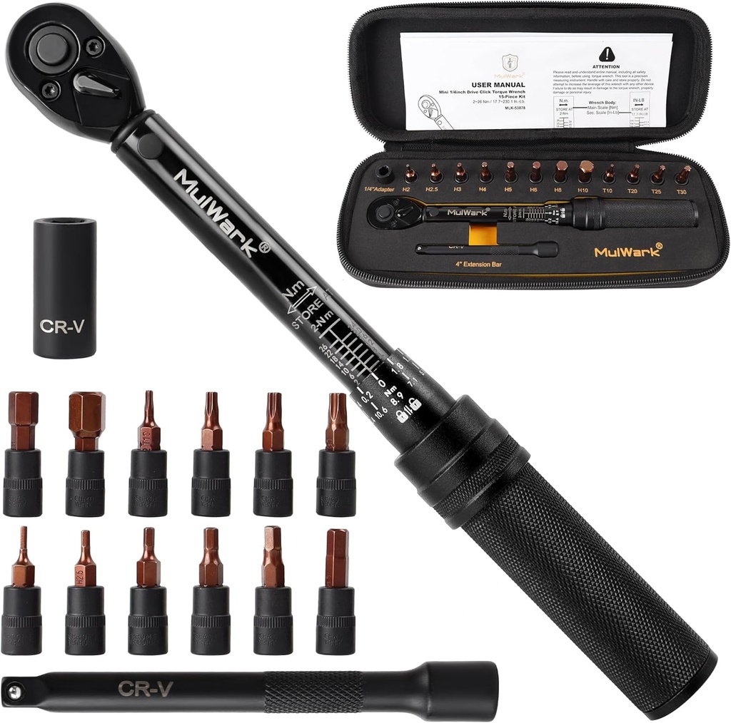 MULWARK 1/4-Inch Drive Bike Torque Wrench Set, 20-200 in.lb (2.26-22.6 Nm), Inch Pound Click Torque Wrench with Bits & Sockets, High Precision 15-Piece Tool Set for Bicycle & Moto Maintenance
