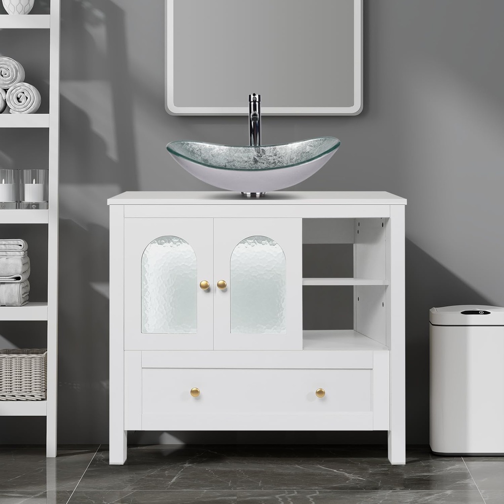 36 Inch White Bathroom Vanity with Water Ripple Design Door, Modern Stylish Cabinet with Silver Boat Glass Sink