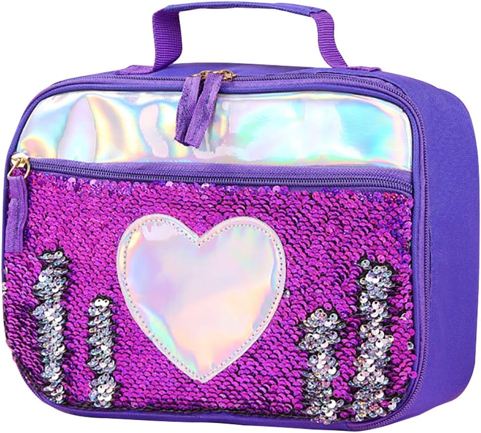 Handheld Lunch Box, Reusable Insulated Flip Sequins Lunch Tote Bag Handheld Box Roomy Carry Bag Lunchbox Gifts for Women Glittering Shining Travel Meal Tote Kit (Purple Heart)