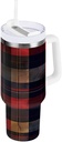 40 oz Tumbler With Handle and Straw Lid, Stainless Steel Vacuum Insulated Tumbler for Water, Iced Tea or Coffee, Easy to Clean (Red Checkered)