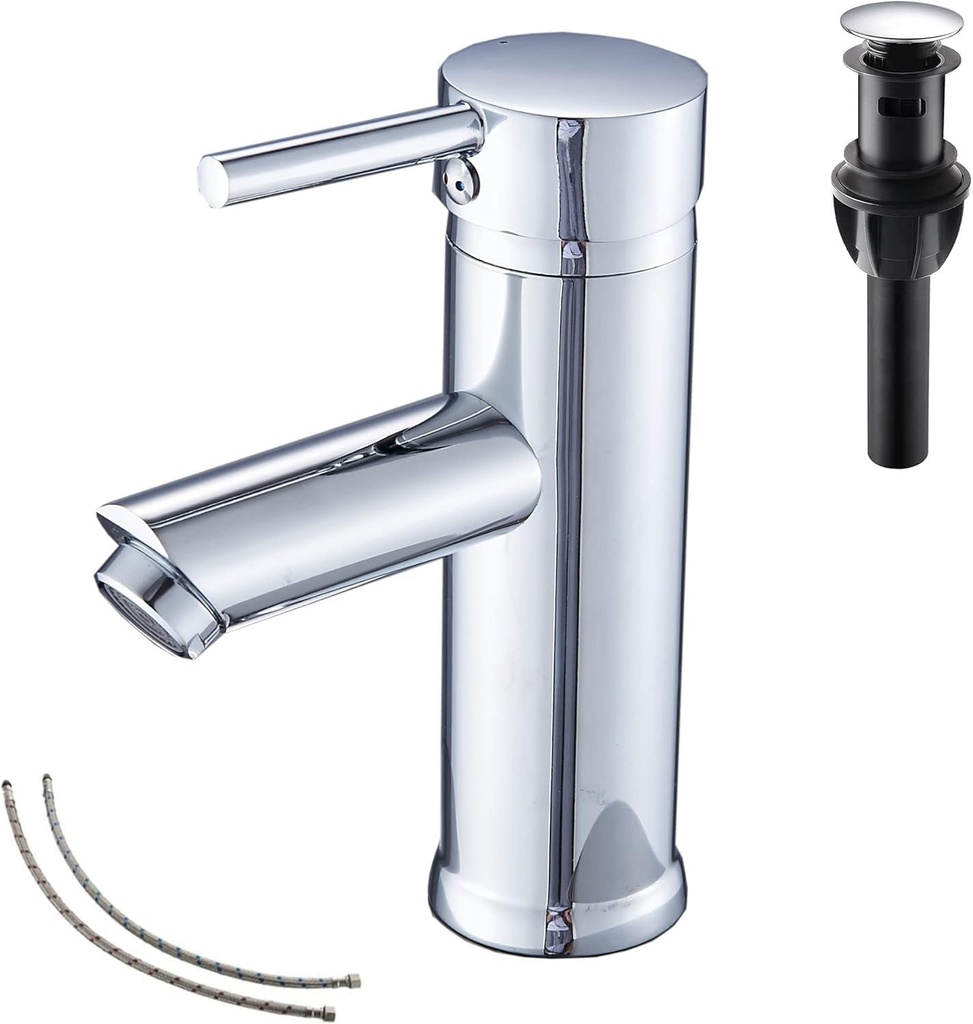 Chrome Single Handle One Hole Bathroom Sink Faucet Stainless Steel Matching Pop Up Drain With Overflow