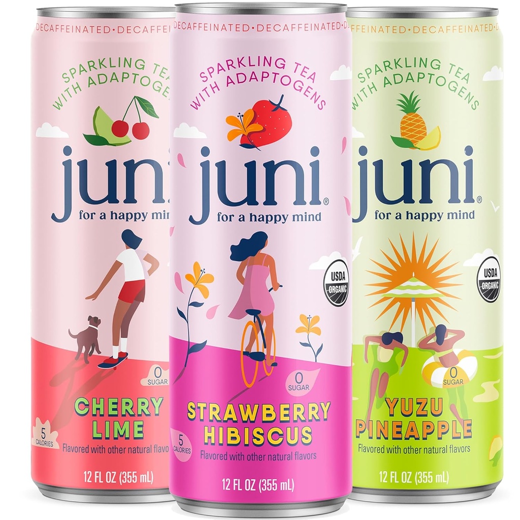 Juni Sparkling Adaptogen Drink with Ashwagandha, Lion’s Mane & Reishi Mushrooms | Green Tea for Focus, Zero Sugar, 5 Calories | Decaffeinated, Non Alcoholic Drinks – Variety Pack (12 Pack)