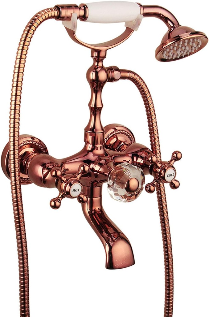 Clawfoot Bathtub Faucet Rose Gold, Wall Mounted Bath Filler with Hand Shower, Double Cross Handle Bathtub Shower Set, Bath Mixer