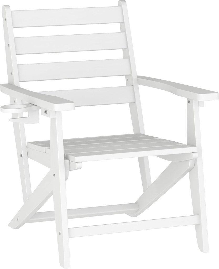 Flash Furniture Tolleson Adirondack Dining Chair with Cup Holder, Commercial Weather Resistant Recycled HDPE Adirondack Chair, Fold Out Cupholder, White