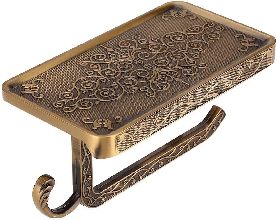 Toilet Paper Holder, Vintage Brass Wall-Mount Bathroom Tissue Roll Holder Decorative with Mobile Phone Storage Shelf Tissue Paper Dispenser Storage Rack