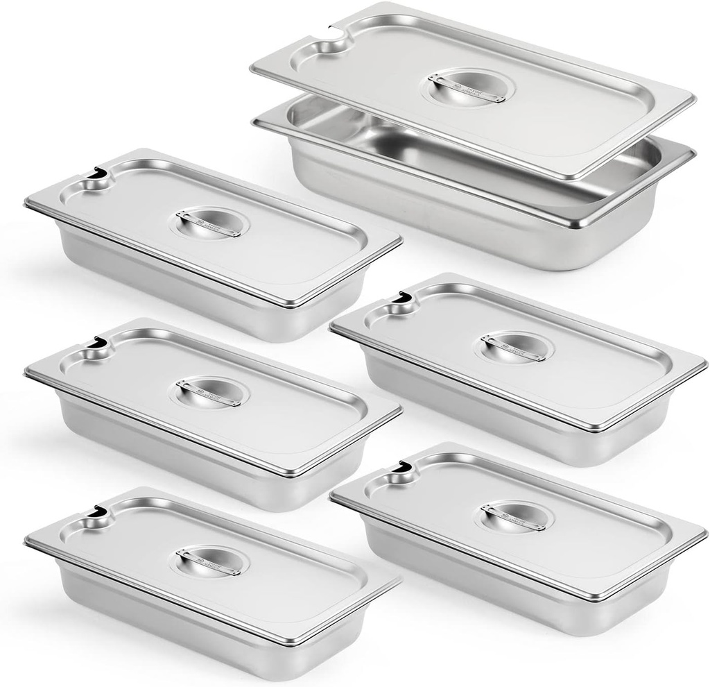 CURTA 6 Pack Anti-Jam Slotted Hotel Pans with Lids, 1/3 Size 2 1/2 Inch Deep, NSF Commercial 18/8 Stainless Steel Chafing Steam Table Food Pan with Covers