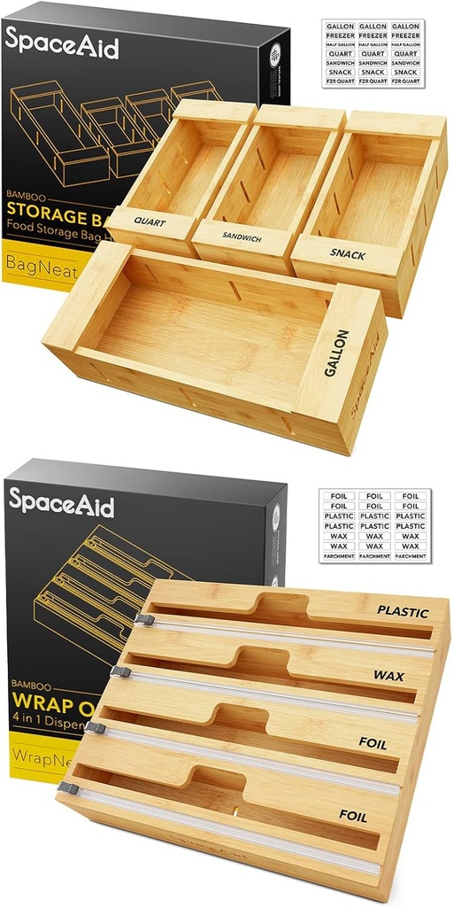 SpaceAid Bag Storage Organizer for Kitchen Drawer, Bamboo Organizer, (4 Pack) SpaceAid WrapNeat 4 in 1 Wrap Dispenser