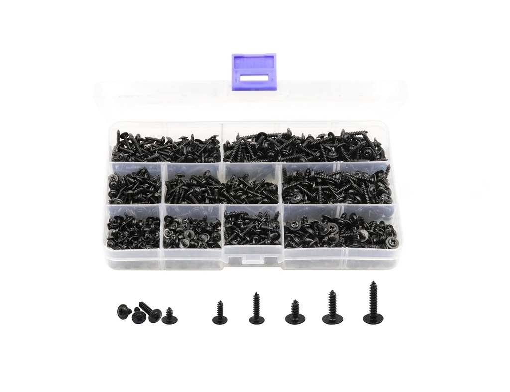 LBY 900pcs M2.3 M2.6 M3 Truss Head Self - Tapping Screws, Wafer Head Screws, Pan Head Washer Screw, 9 Sizes Self -Tapping Screws Assortment Kit, Carbon Steel (Blacking)