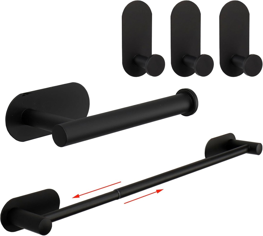 TocTen 5 Pieces Self Adhesive Towel Bar Set, Stainless Steel Bathroom Hardware Set Include Adjustable Towel Rack, Toilet Paper Holder, 3 Towel Hook, No Drill Bathroom Accessory Kit(Matte Black,24IN)