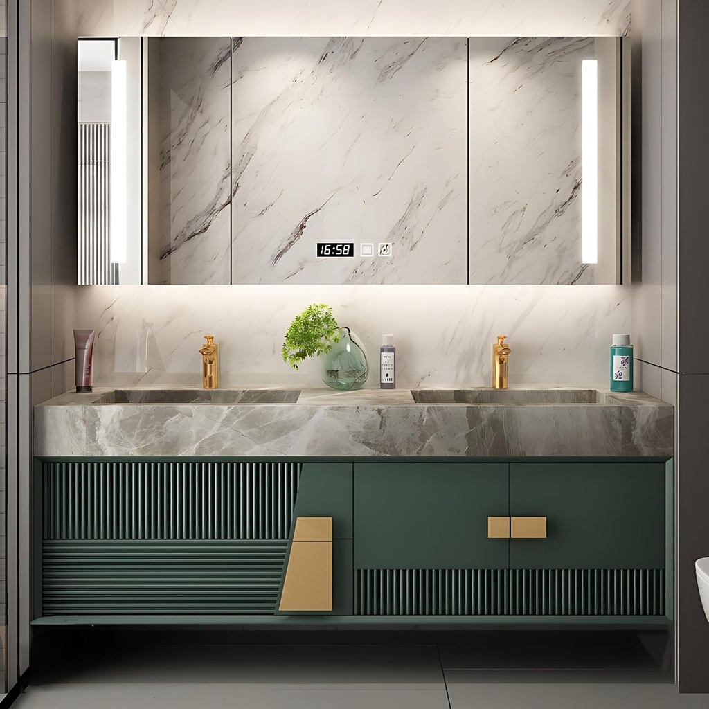 Modern Double Sink Bathroom Vanity - with LED Anti-Fog Mirror | Solid Wood Cabinet | Sintered Stone Countertop | Soft-Close Drawers | Stylish Bathroom Vanity with Storage(Green,64 in)