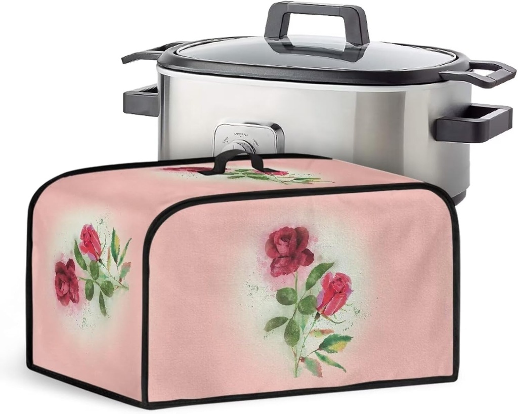 Pink Roses Pattern Slow Cooker Dust Cover Stain Resistant Air Fryer Cover with Handle and Side Pockets for Storage Kitchen Appliance Accessories Fit for 6-8 Quart Oval Slow Cooker