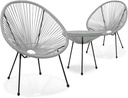 Magshion Outdoor Acapulco Chair Set 3-Piece with Glass Top Table, Lightweight All-Weather Woven PE Rope Patio Furniture, Modern Bistro Conversation Set for Patio, Garden, Poolside, Grey