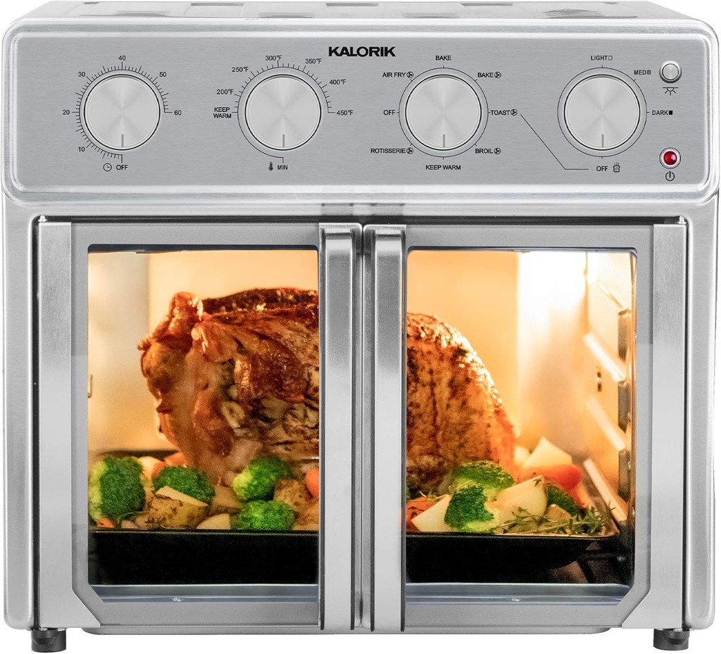 Kalorik MAXX Air Fryer Oven, 26 Quart 9-in-1 Countertop Toaster Oven and Air Fryer Combo - Fry, Bake, Roast, Rotisserie, & More, Large Glass French Doors & 7 Accessories, 1700-Watts, Stainless Steel