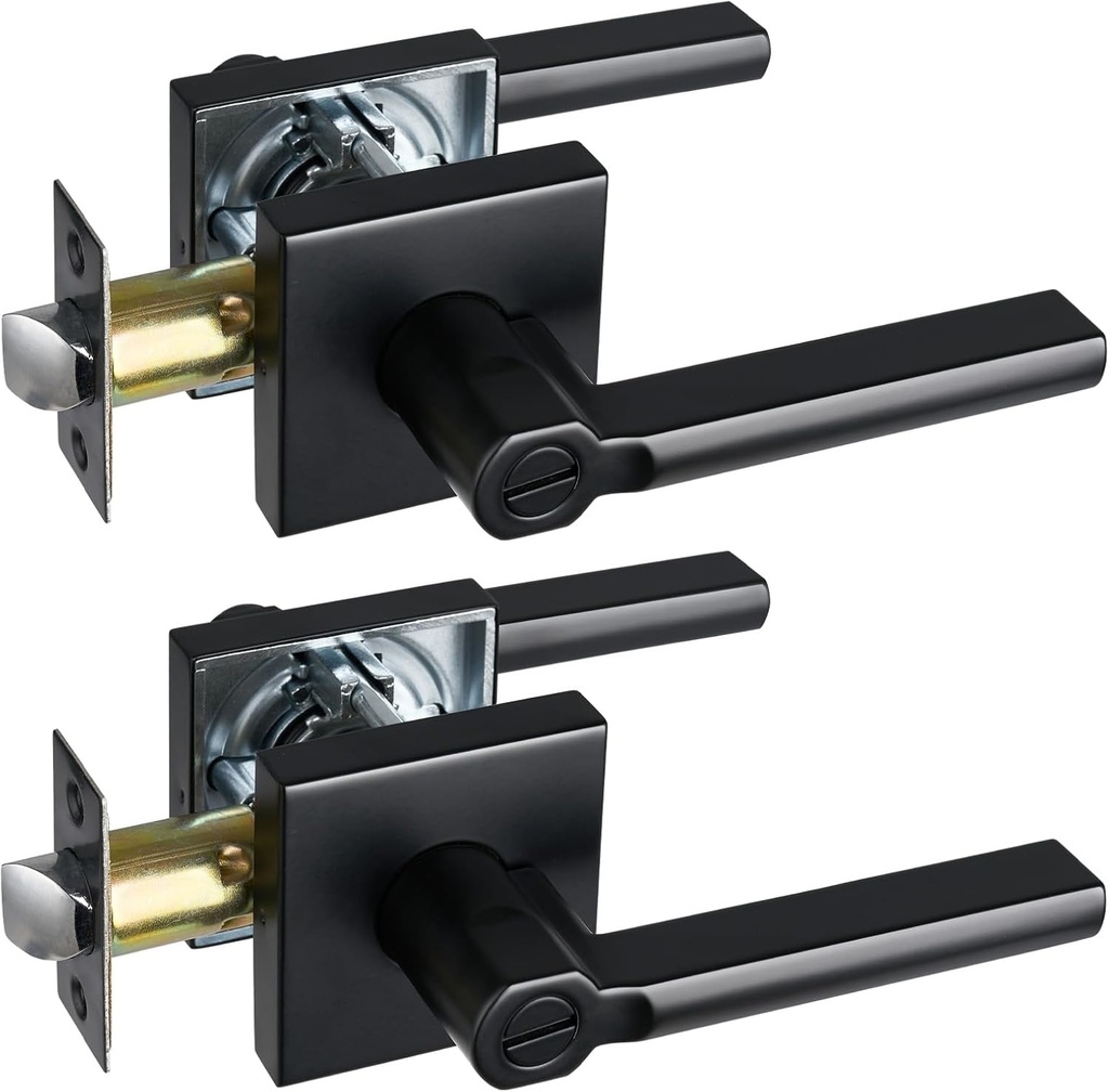 Privacy Door Lever, Heavy Duty Bathroom Bedroom Handle Lock, Keyless Interior Knobs, Matte Black, Reversible for Right&Left Handed, 2Packs
