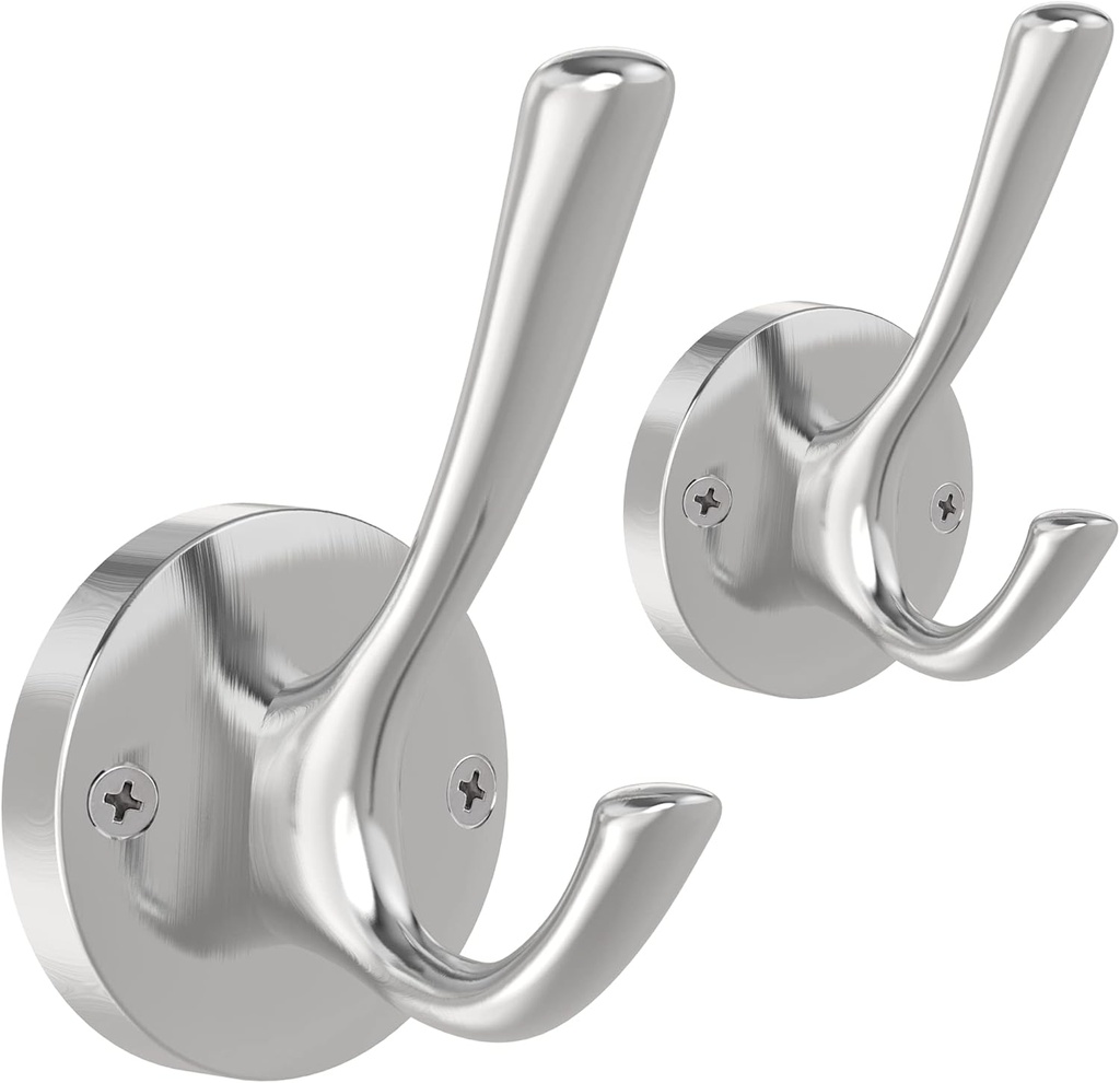 Brushed Nickel Wall Hooks Towel Hooks, 2 Pack Coat Robe Hook Heavy Duty Bathroom Double Hook Wall Mounted, Hand Towel Hooks for Closet Entryway Cubicle Kitchen