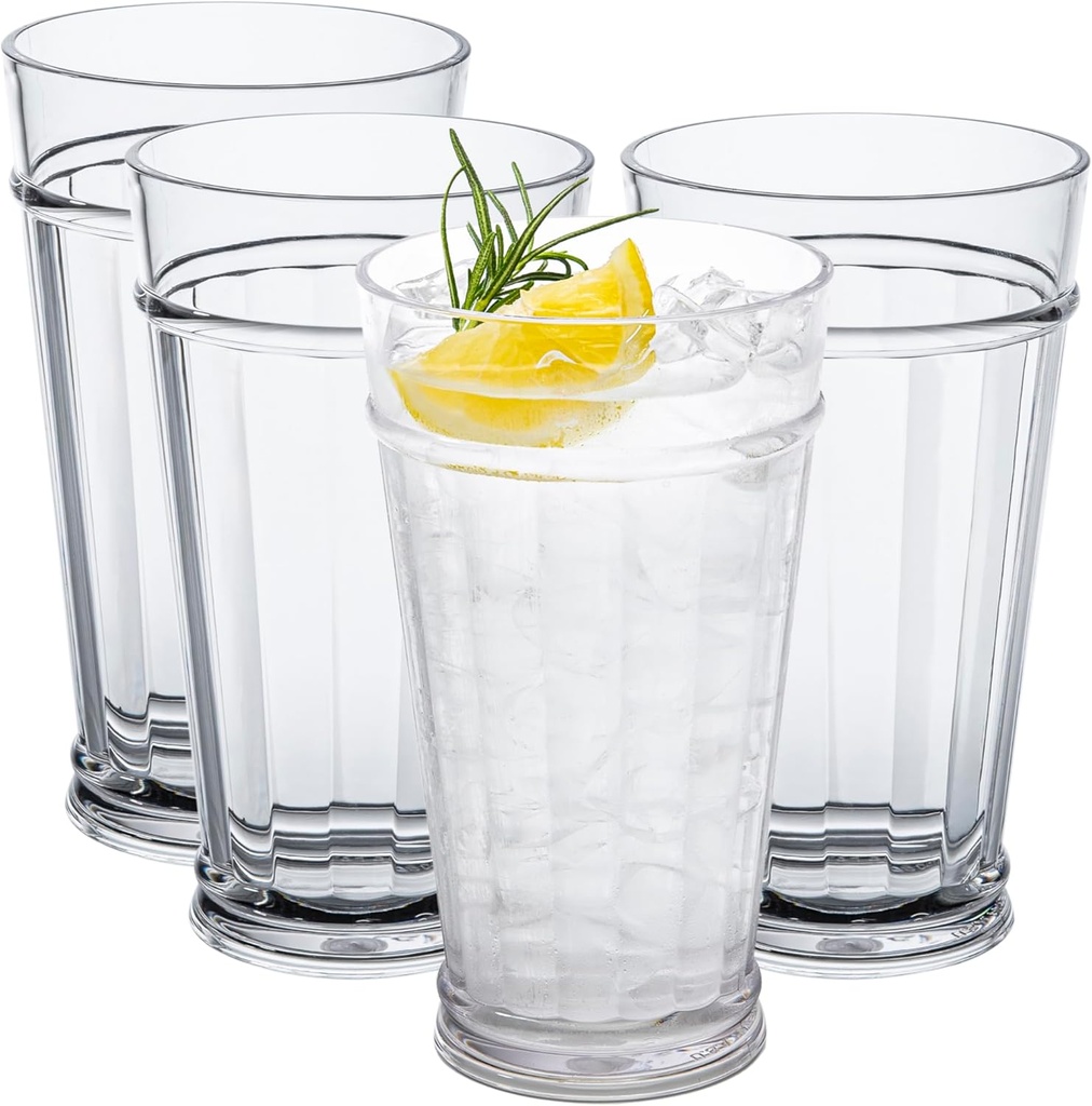 bzyoo 21oz Liberty Highball Tumbler Set – 4 Piece, BPA Free, Shatter-Proof Food Grade Plastic, Crystal Clear Durable Drinking Glasses for Cold Drinks