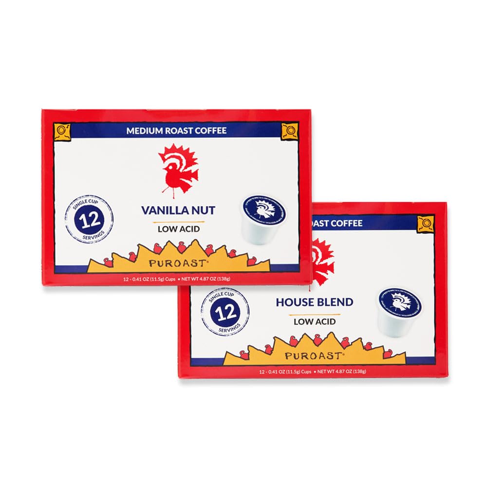 Puroast Low Acid Coffee Pods – Vanilla Medium Roast & House Blend Medium Roast – Single Serve Pods – Flavored Low Acid Coffee – Keurig Compatible – High Antioxidants – GERD Friendly – 2 Pack 12 Ct