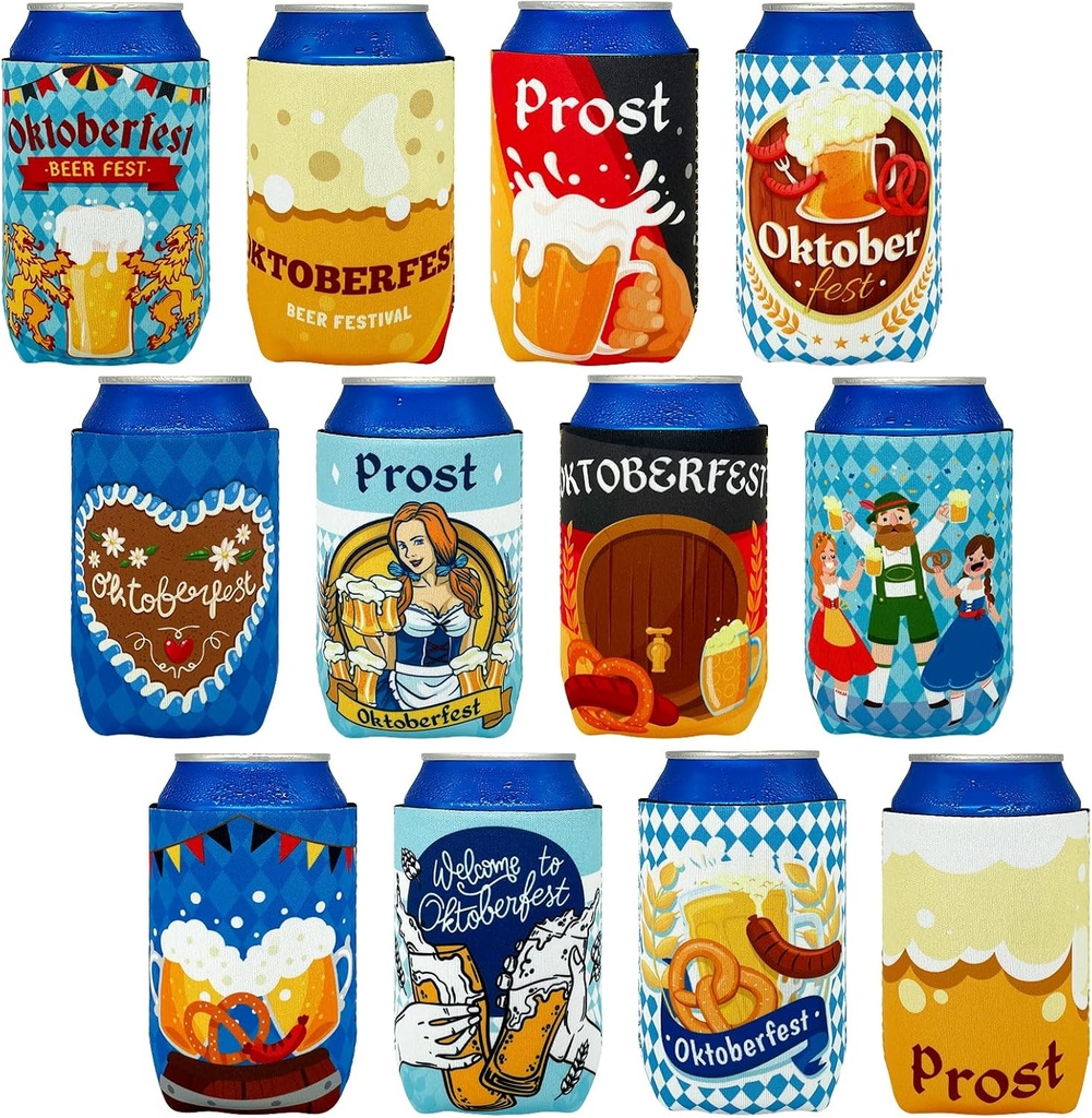 12PCS Oktoberfest Beer Can Cooler Sleeves - Bavarian Beer German Festival Games Covers Party Supplies Favors Decorations