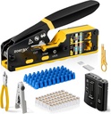 Ethernet Crimping Tool Kit RJ45 Crimp Tools,CAT5 Cat5e Cat6 RJ45 Crimping Tool Kit With Cable Tester, Multiply Stripper, Blades,50Pcs Cat 6 Pass Through Connectors and Strain Relief Boots