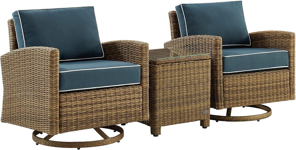 Crosley Furniture Bradenton 3-Piece Wicker Swivel Rocker Outdoor Chair and Side Table Set for Patio, Porch, Brown with Navy Cushions