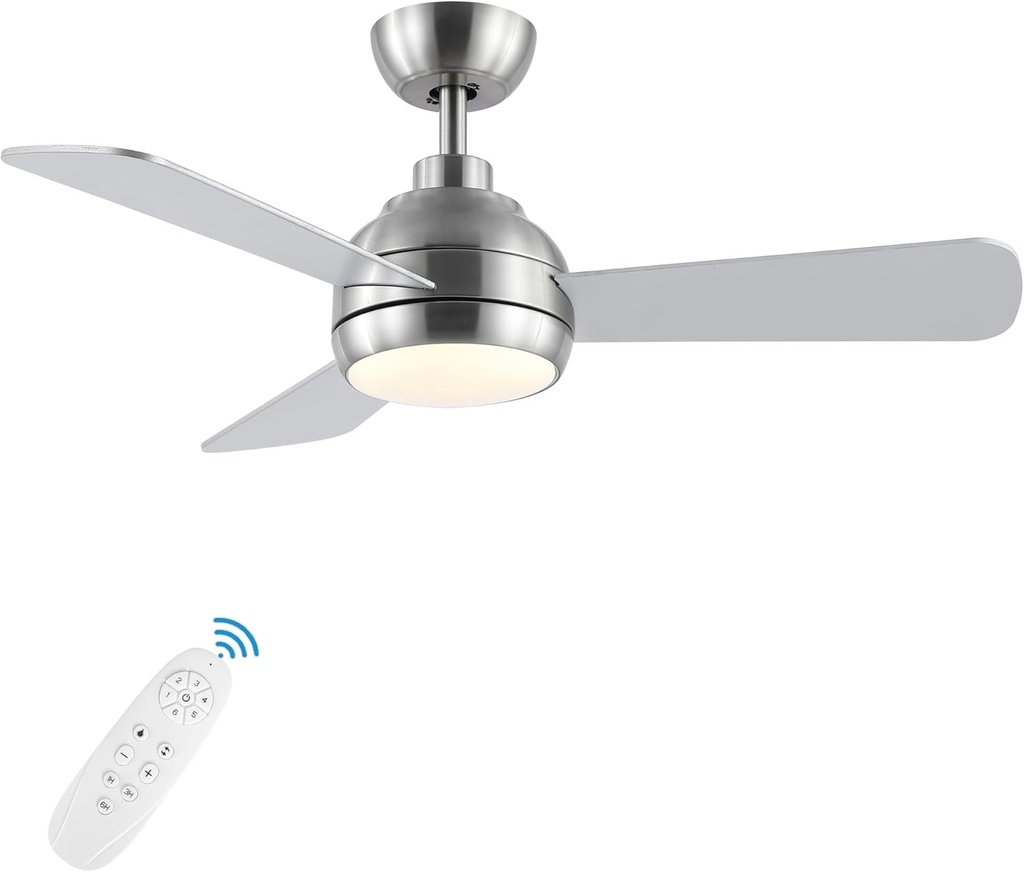 42 Inch Ceiling Fans with Lights and Remote, Modern Brushed Nickel Ceiling Fan with Light, DC Reversible, 6 Speeds, 3CCT, Dimmable, 3 blades, Bedroom, Indoor/Outdoor Patios Use