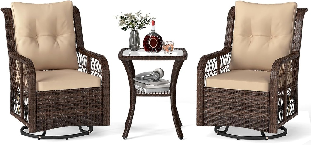 Tangkula 3 Pieces Outdoor Swivel Rocker Set, Rattan Wicker Patio Rocking Cushioned Chairs Set of 2 with Small Side Table, for Backyard, Poolside, Balcony, Lawn, Deck